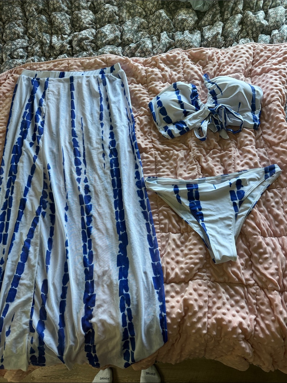 Blue & White Tie-Dye Bikini Set with Matching Maxi Skirt